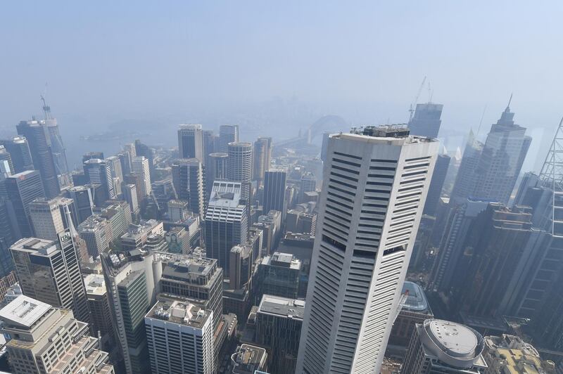 A thick blanket of smoke hangs over Sydney's central business district as seen from The Sydney Tower Eye. EPA