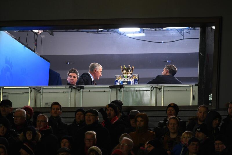 MANCHESTER, ENGLAND - DECEMBER 10:  Noel Gallagher and Graeme Souness look on from the SKY TV box during the Premier League match between Manchester United and Manchester City at Old Trafford on December 10, 2017 in Manchester, England.  (Photo by Michael Regan/Getty Images)