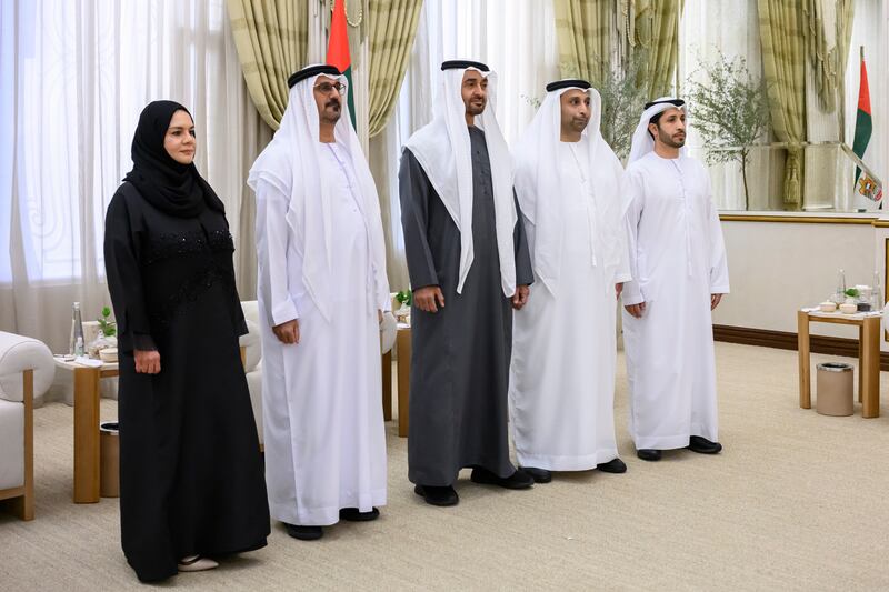 President Sheikh Mohamed with, from left, Dr Nariman Al Neyadi, Hussain Al Hammadi, Mohamed Al Neyadi and Hazza Al Kaabi. Photo: Presidential Court