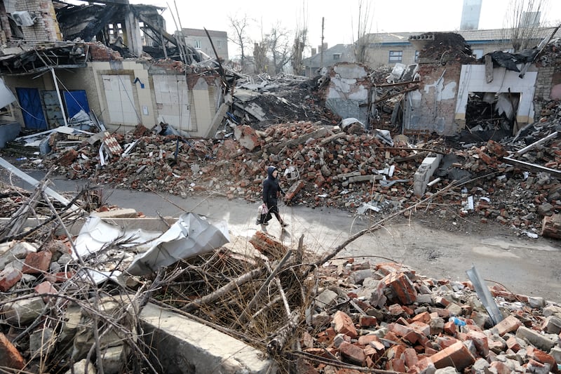 Destroyed buildings 32km west of the front lines in Donetsk in January 2023. Getty Images