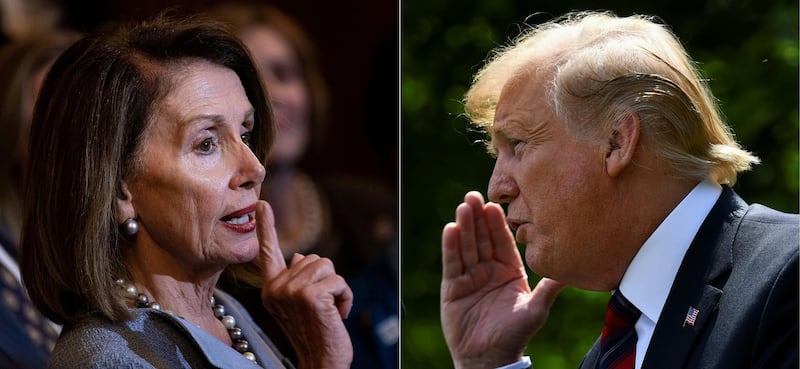 (COMBO) This combination of pictures created on May 22, 2019 shows US Speaker of the House Nancy Pelosi (D-CA)(L) talks about healthcare legislation on Capitol Hill March 26, 2019, in Washington, DC and US President Donald Trump announces a new immigration proposal, in the Rose Garden of the White House in Washington, DC, on May 16, 2019.
 Donald Trump erupted in fury May 22, 2019, at unrelenting probes into his links to Russia, as the top Democrat in Congress accused the president of a "cover-up" that could be an impeachable offense. Nancy Pelosi is the most powerful woman in American politics, and President Donald Trump's most potent Democratic nemesis. The pair have sparred repeatedly, but the gloves really came off May 22. Pelosi, the speaker of the US House of Representatives, started the day with an emergency meeting of House Democrats, as the possibility of impeaching Trump swirled over Capitol Hill.
 / AFP / Brendan Smialowski
