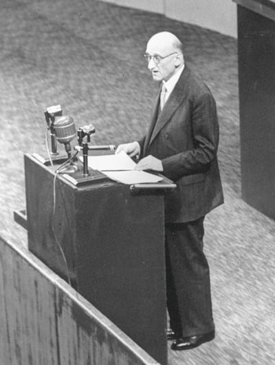 French For. Min. Robert Schuman speaking at podium during UN mtg.  (Photo by Leo Rosenthal/Pix Inc./The LIFE Images Collection via Getty Images/Getty Images)