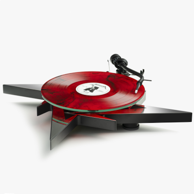 Pro-Ject Metallica turntable with an S-shaped tonearm. Photo: Metallica x Pro-Ject 