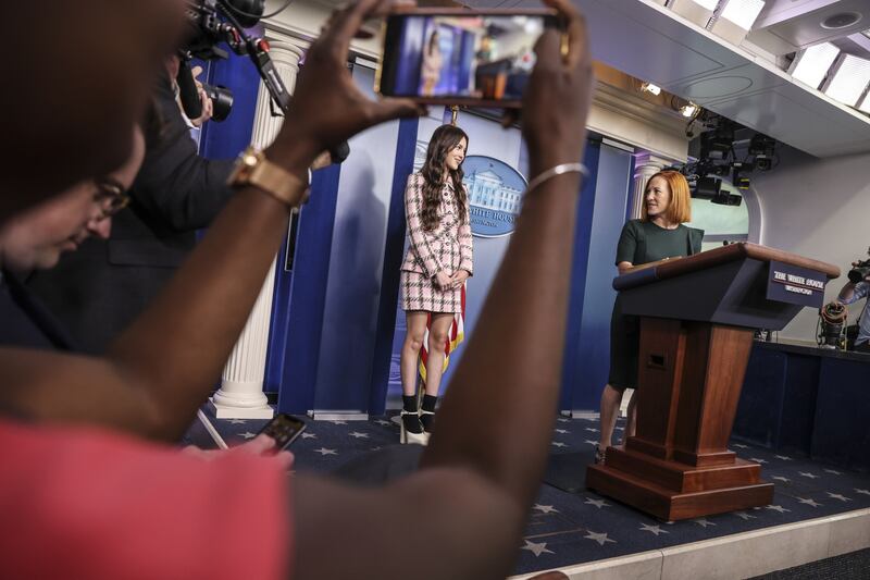 Ms Psaki introduces Olivia Rodrigo when President Biden and Dr Anthony Fauci hosted the pop star to make the case that vaccines are 'Good 4 U,'' the title of one of her hit songs. Bloomberg 