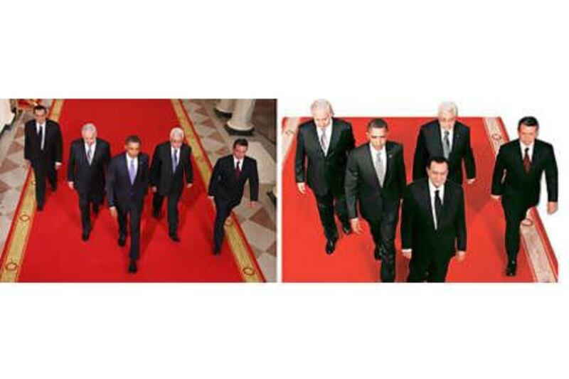 WASHINGTON - SEPTEMBER 01:  (L-R) Egyptian President Hosni Mubarak, Israeli Prime Minister Benjamin Netanyahu, U.S. President Barack Obama, Palestinian Authority President Mahmoud Abbas, and King Abdullah II of Jordan walk toward the East Room of the White House for statements on the first day of the Middle East peace talks September 1, 2010 in Washington, DC. The White House has kicked off a new round of direct peace talks for the Middle East, the first one in more than 18 months.  (Photo by Alex Wong/Getty Images)