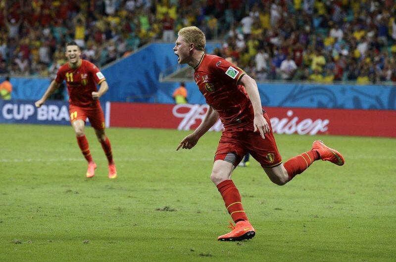 Kevin De Bruyne celebrates his goal for Belgium against the US on Tuesday night at the 2014 World Cup. Matt Dunham / AP