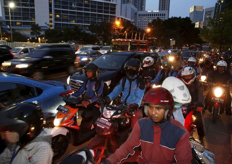 Jakarta ranked top among 78 cities for traffic stops and starts in a study published this year by motor oil firm Castrol, with the average driver having to stop 33,240 times a year — more than twice the number in New York. Beawiharta / Reuters