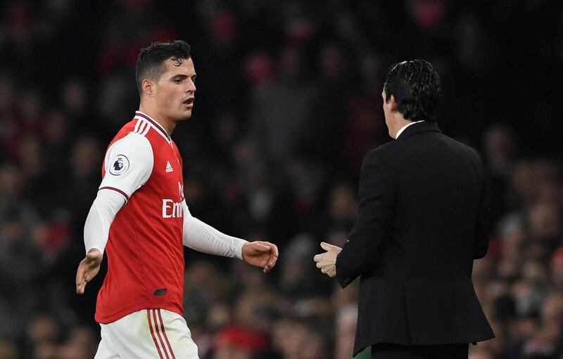 Soccer Football - Premier League - Arsenal v Crystal Palace - Emirates Stadium, London, Britain - October 27, 2019  Arsenal's Granit Xhaka reacts after being substituted   Action Images via Reuters/Tony O'Brien  EDITORIAL USE ONLY. No use with unauthorized audio, video, data, fixture lists, club/league logos or "live" services. Online in-match use limited to 75 images, no video emulation. No use in betting, games or single club/league/player publications.  Please contact your account representative for further details.