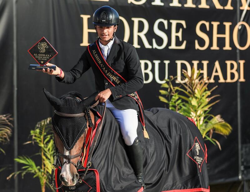 Abu Dhabi, U.A.E., Janualry 9, 2019.  Al Shira’aa International CSI 4-star showjumping competition.  Abdulrahman Al Nemr and Beverly Girl clocking 51.12 to take first place at the competition.
Victor Besa / The National
Section:  SP
Reporter:  Amith Passela