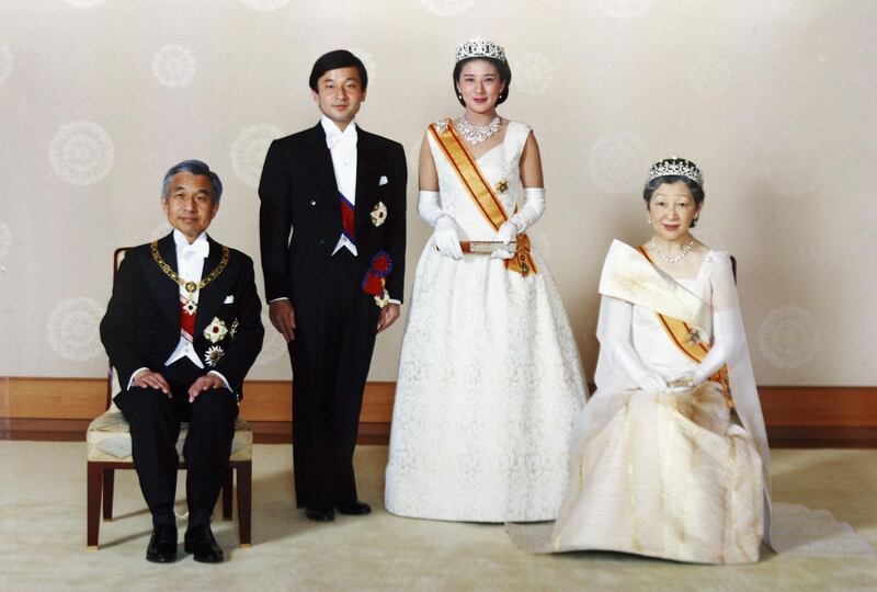 TOKYO - JUNE 9:  (FILE PHOTO) In this handout photo from the Imperial Household Agency, Crown Prince Naruhito (2nd from L) of Japan and his wife Crown Princess Masako (2nd from R) pose with Emperor Akihito and Empress Michiko after their wedding at the Imperial Palace June 9, 1993 in Tokyo. Crown Prince Naruhito and Crown Princess Masako will mark their 11th wedding anniversary on June 9, 2004. (Photo by Imperial Household Agency/Getty Images)