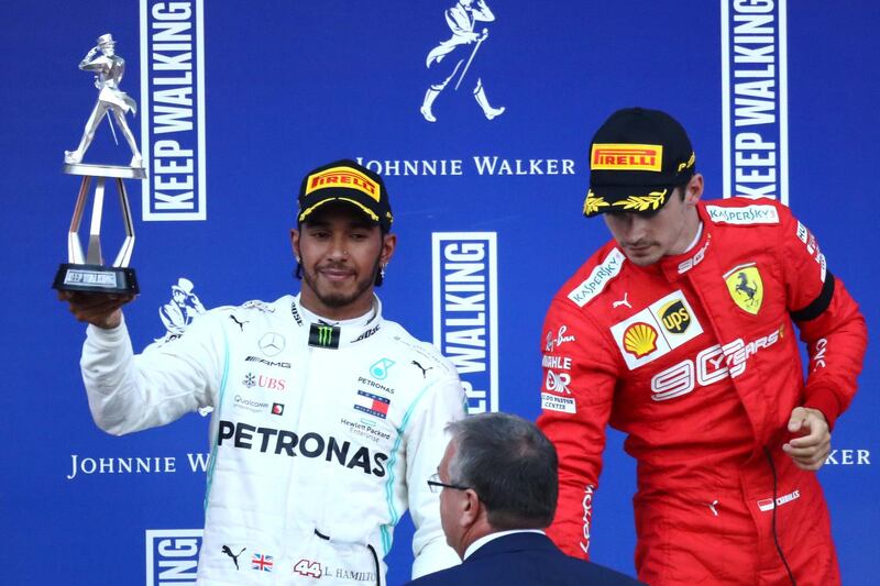 SPA, BELGIUM - SEPTEMBER 01: Second placed Lewis Hamilton of Great Britain and Mercedes GP collects his trophy on the podium during the F1 Grand Prix of Belgium at Circuit de Spa-Francorchamps on September 01, 2019 in Spa, Belgium. (Photo by Dean Mouhtaropoulos/Getty Images)
