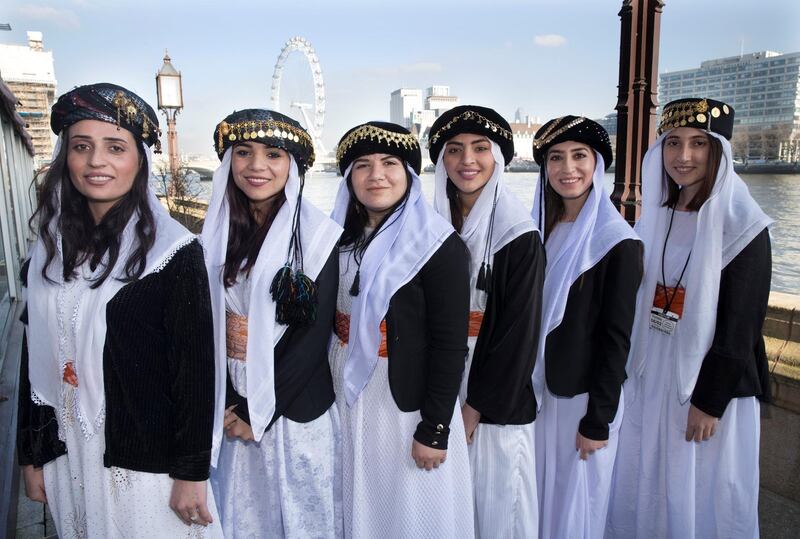 LONDON 6th February 2020. Members of the Yazidi Choir on the terrace of the Houses of Parliament in London before their performance for UK politicians and their guests, during their tour of the United Kingdom.  Stephen Lock for the National . Words: Claire Corkery. 