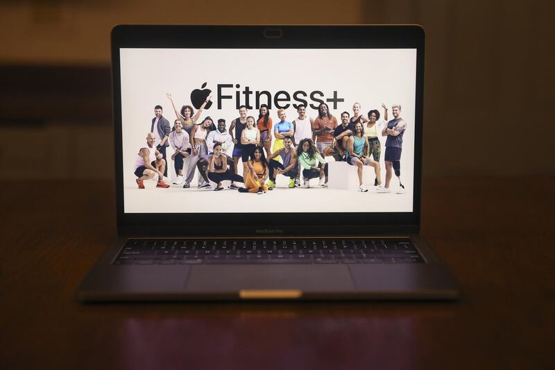 A graphic for Apple Fitness+ is displayed during a virtual product launch seen on a laptop computer in Tiskilwa, Illinois, U.S. Bloomberg
