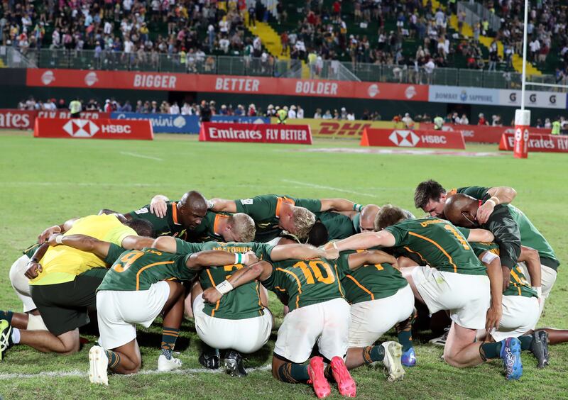 South Africa celebrate winning the World Series final at the Dubai Sevens.