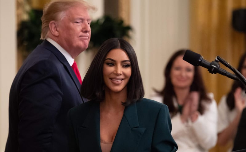 Kim Kardashian speaks alongside US President Donald Trump during a second chance hiring and criminal justice reform event in the East Room of the White House. AFP