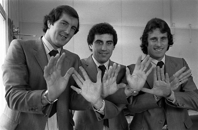 File photo dated 04-06-1979. England goalkeepers Joe Corrigan, Peter Shilton and Ray Clemence at Luton airport. PA Photo