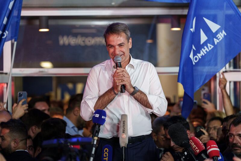 Kyriakos Mitsotakis, Greece's prime minister and leader of New Democracy party, addresses supporters outside the party headquarters following the general election in Athens, Greece, on Sunday, June 25, 2023. Bloomberg
