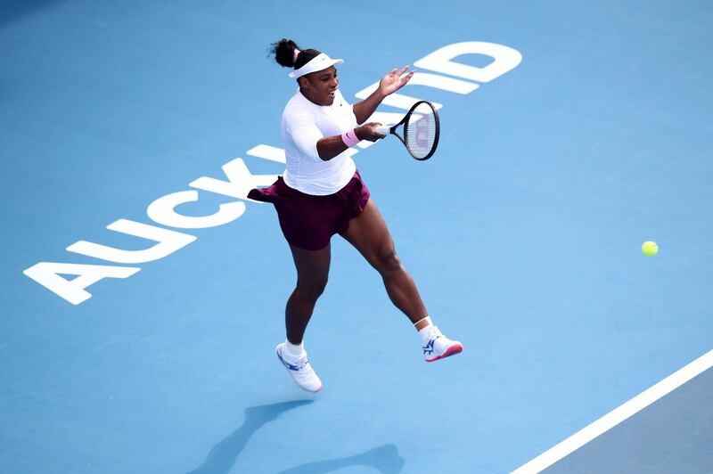Serena Williams plays a forehand during her first round match against Camila Giorgi on Day Two of the 2020 Auckland Classic. Getty Images