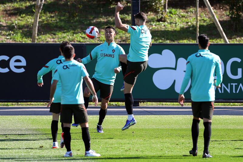 Portugal's Cristiano Ronaldo and his teammates during their training session in Oeiras. EPA