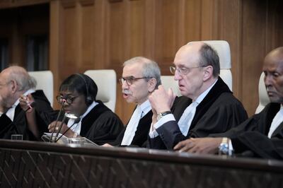 Lebanese judge Nawaf Salam, centre, presided from a 16-judge bench at the ICJ hearings in The Hague. AP 