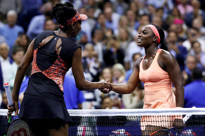 Tennis - US Open - Semifinals - New York, U.S. - September 7, 2017 - Sloane Stephens of the United States and Venus Williams of the United States shake hands after match.  REUTERS/Mike Segar     TPX IMAGES OF THE DAY