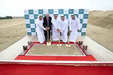 (L-R) Dr Abdulla Al Karam, Chairman of the Board of Directors and Director General of KHDA; Sir David Eastwood, Vice Chancellor of the University of Birmingham; Humaid Al Qutami, Director General of Dubai Health Authority; Dr Ahmad Al Falasi, UAE Minister for Higher Education and Advanced Skills, and Malek Al Malek, chief executive of Tecom, attend the ground-breaking ceremony for the expansion of the University of Birmingham Dubai. Chris Whiteoak / The National