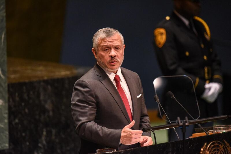 NEW YORK, NY - SEPTEMBER 24: King Abdullah II bin Al Hussein of Jordan speaks at the United Nations (U.N.) General Assembly on September 24, 2019 in New York City. World leaders are gathered for the 74th session of the UN amid a warning by Secretary-General Antonio Guterres in his address yesterday of the looming risk of a world splitting between the two largest economies - the U.S. and China.   Stephanie Keith/Getty Images/AFP
== FOR NEWSPAPERS, INTERNET, TELCOS & TELEVISION USE ONLY ==
