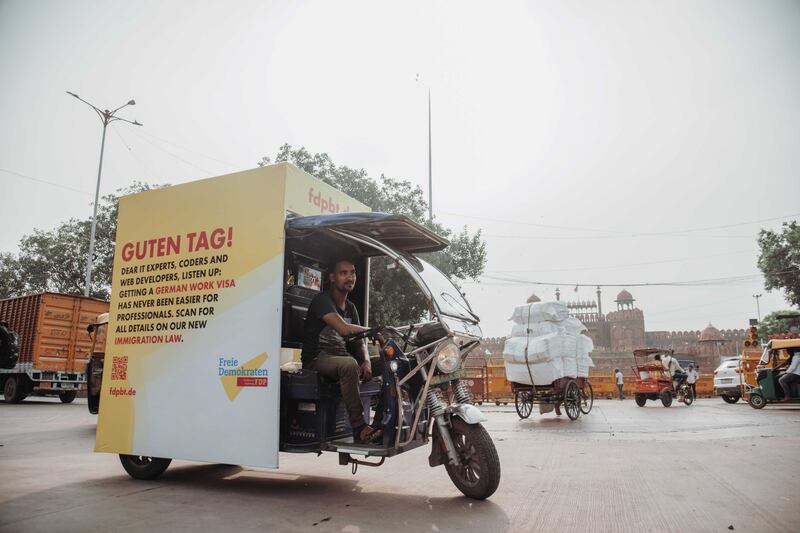 Germany's Free Democrats have hired a rickshaw to advertise for IT workers in New Delhi. Photo: @fdpbt / Twitter
