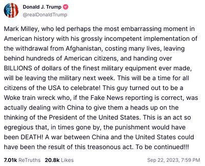 Former president Donald Trump insinuated that Gen Mark Milley should be executed. Photo: Truth Social screengrab