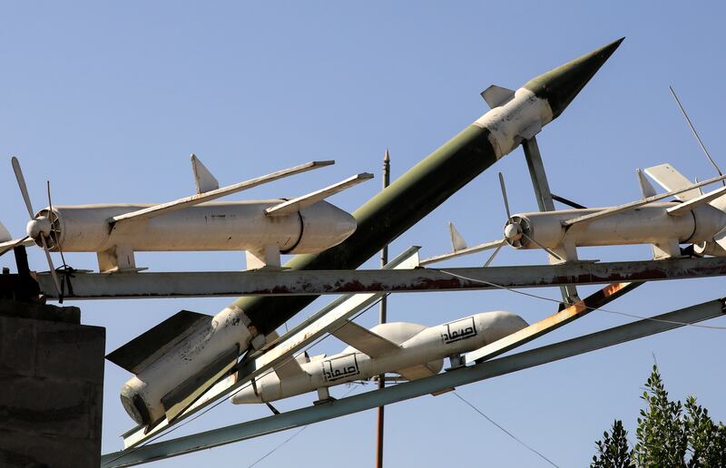 Mock drones and missiles on display at a square in Sanaa, Yemen. EPA