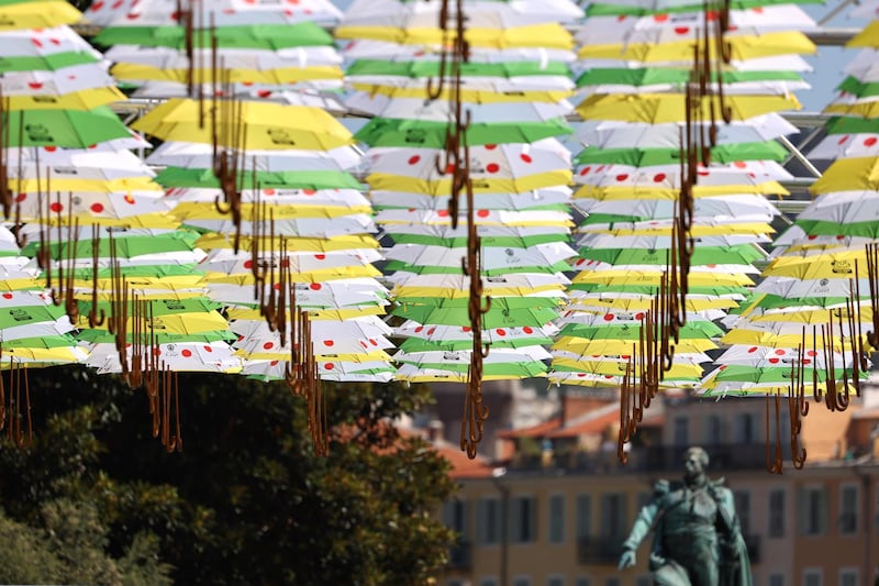 Umbrellas with the colours of the Tour de France leader's jersey in  Nice on Wednesday, August 26. The 2020 racestarts in Nice on August 29 and runs to September 20. AFP