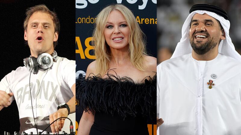 Armin van Buuren, Kylie Minogue and Hussain Al Jassmi will perform separate New Year's Eve concerts in the UAE. Photo: AFP, AP