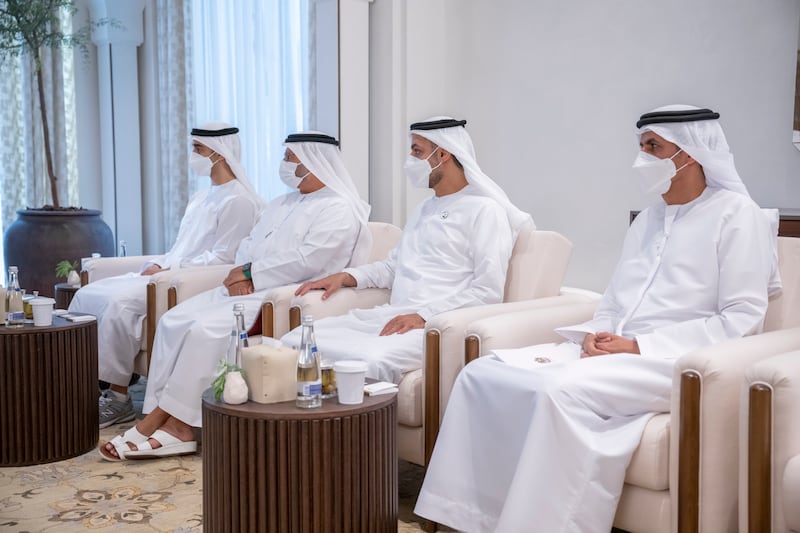 At Al Shati Palace, Sheikh Hamdan bin Mohamed bin Zayed, Dr Anwar Gargash, Diplomatic Adviser to the UAE President, Sheikh Mohamed bin Hamad bin Tahnoon, Private Affairs Adviser in the Ministry of Presidential Affairs, and Ali Mohamed Al Shamsi, Deputy Secretary-General of the UAE Supreme National Security Council, attend condolences for Sheikh Khalifa.