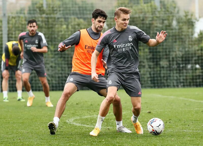 MADRID, SPAIN - NOVEMBER 18: Martin Odegaard in action at Valdebebas training ground on November 18, 2020 in Madrid, Spain. (Photo by Helios de la Rubia/Real Madrid via Getty Images)