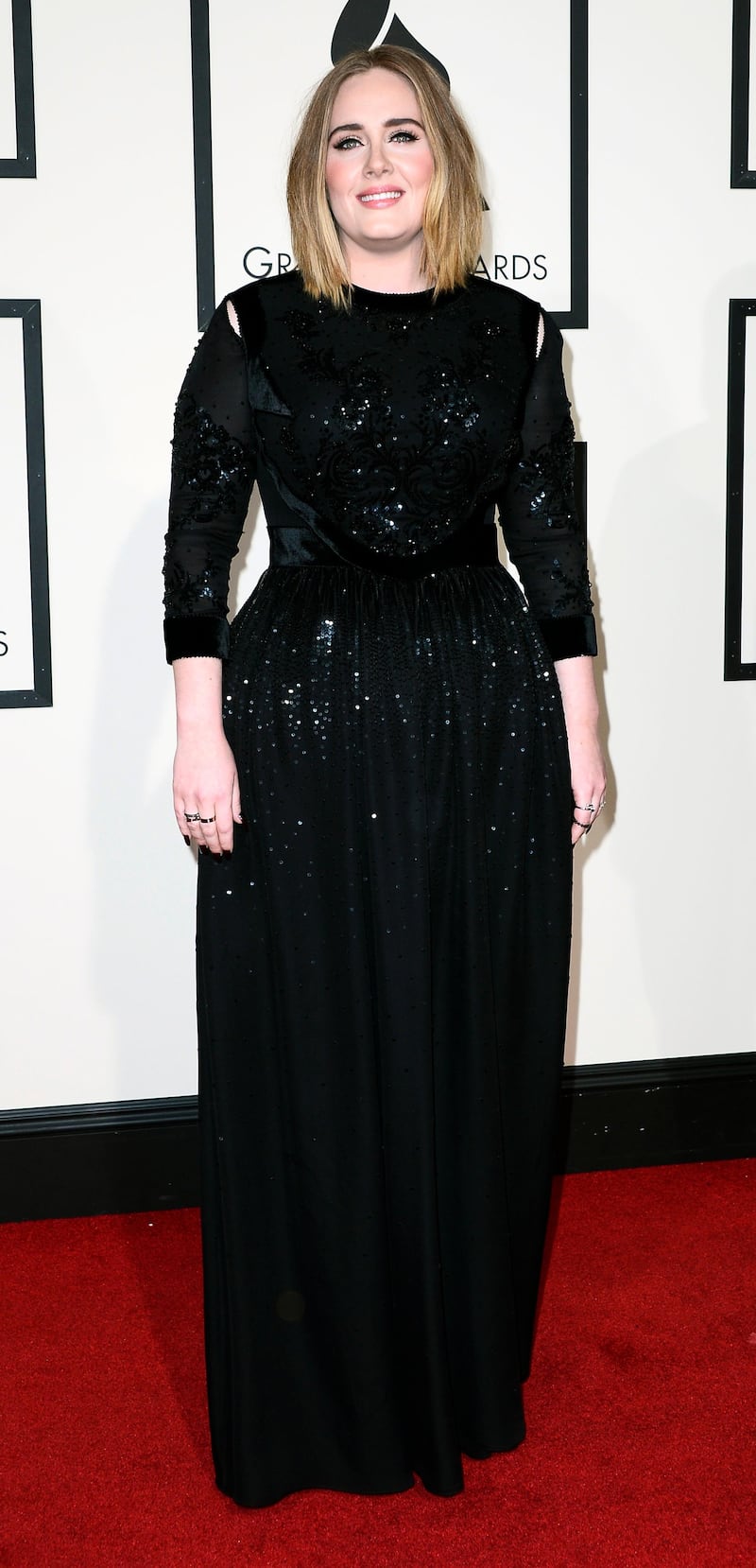 epa05662583 (FILE) A file picture dated 15 February 2016, of British singer Adele arriving for the 58th annual Grammy Awards at the Staples Center in Los Angeles, California, USA. The 2017 Grammy nominees were announced 06 December 2016, with Adele receiving five nominations, including Record of the Year.  EPA/PAUL BUCK