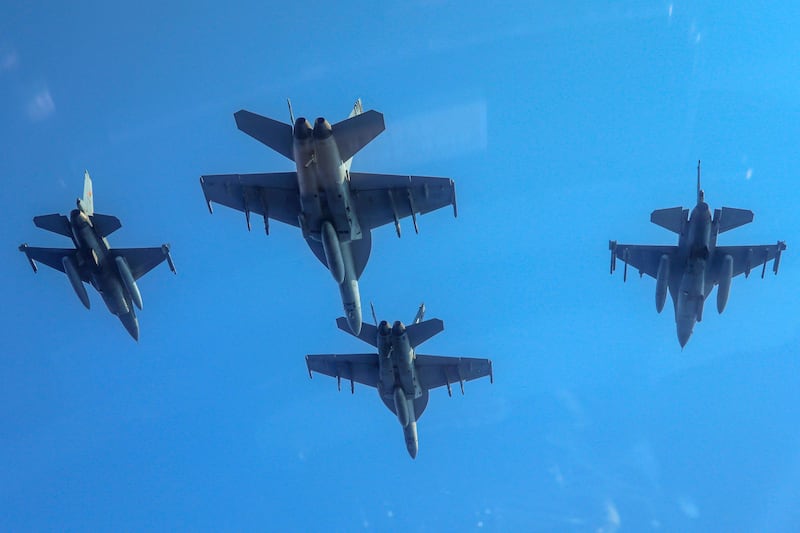 US Navy F/A-18E Super Hornets fly in formation over the Mediterranean Sea in July. AFP