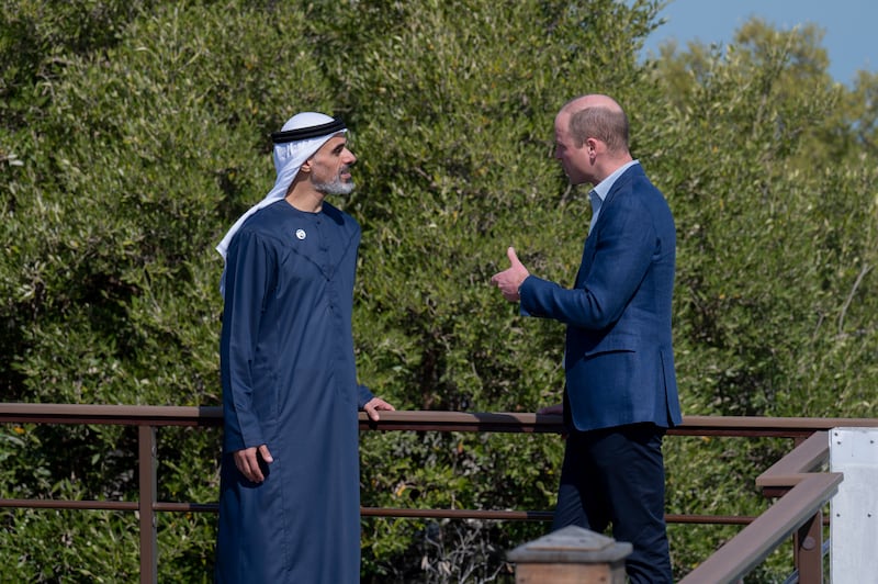 Sheikh Khaled bin Mohamed and Prince William at the mangrove park in Abu Dhabi. Photo: Abu Dhabi Media Office