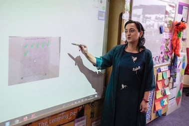 Private schools in UAE gear up for for remote learning and challenges they will face. Teacher Taira Astab during an online lecture at the Al Yasmina Academy. Victor Besa / The National