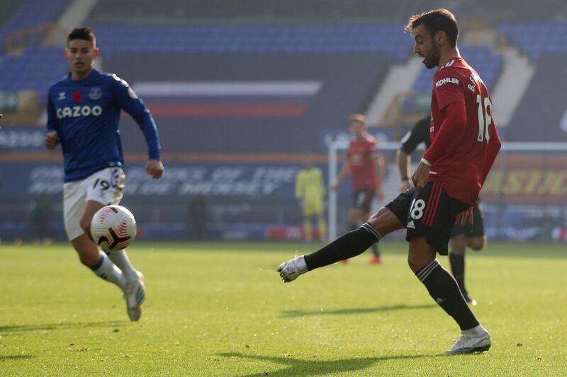 Manchester United's Bruno Fernandes scores against Everton on Saturday. AP