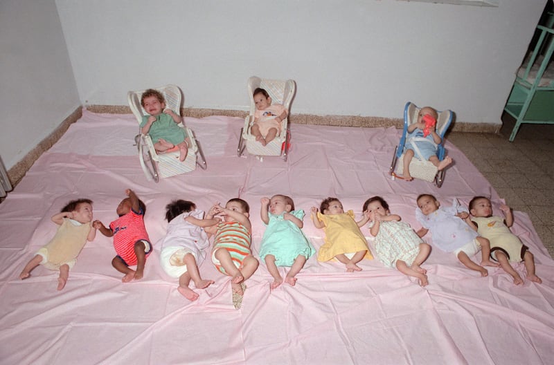 Picture dated 07 July 1987 in a West Beirut orphanage shows some of 17 babies found since 3-month period by a Lebanese Islamic Orphanage service on the streets of Moslem enclave of the Lebanese capital. The Lebanese civil war erupted in April 1975. AFP PHOTO RABIH MOGHRABI / AFP PHOTO / RABIH MOGHRABI