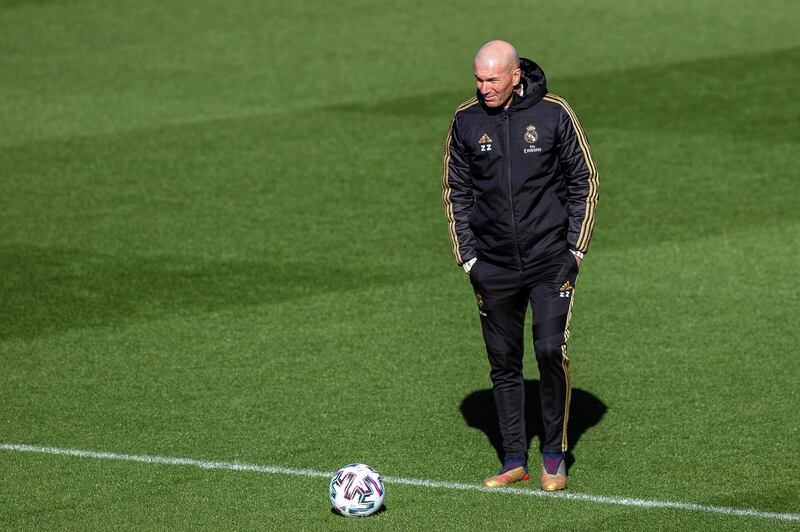 Real Madrid manager Zinedine Zidane leads his team's training session at the club's sport complex in Valdebebas shortly before the coronavirus shut down Spanish football. EPA