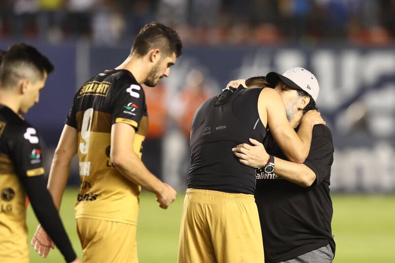 SAN LUIS POTOSI, MEXICO - MAY 05: Diego Maradona coach of Dorados reacts   during the final second leg match between Atletico San Luis and Dorados de Sinaloa as part of the Torneo Clausura 2019 Ascenso MX at Estadio Alfonso Lastras on May 5, 2019 in San Luis Potosi, Mexico. (Photo by Refugio Ruiz/Getty Images)