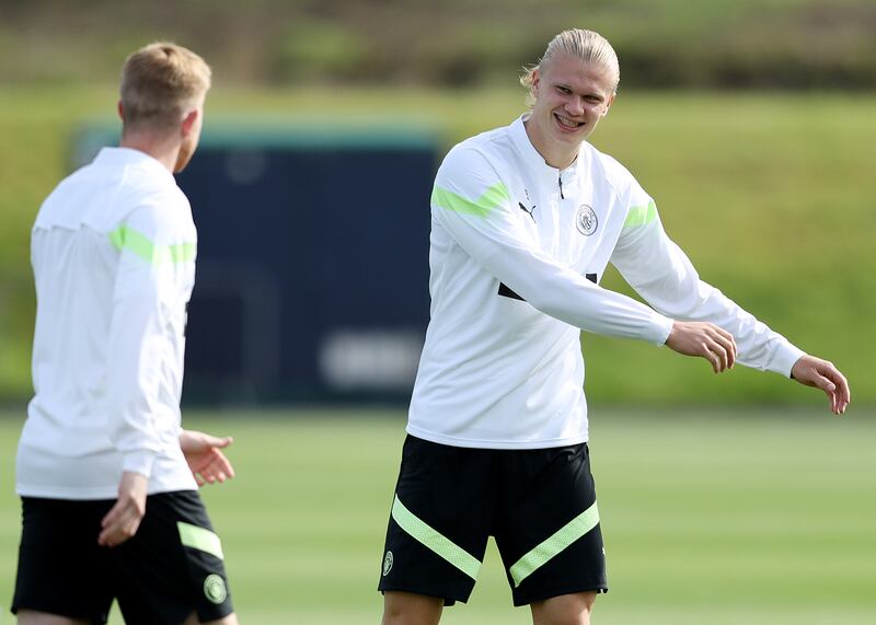 Kevin de Bruyne and Erling Haaland of Manchester City train ahead of their Uefa Champions League Group G match against Borussia Dortmund. Getty 