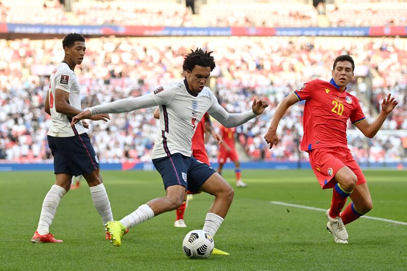 England's Trent Alexander-Arnold is put under pressure by Max Llovera of Andorra. Getty