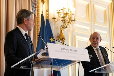 French Foreign Affairs Minister Jean-Yves Le Drian, right, and US Secretary of State Antony Blinken at the French Ministry of Foreign Affairs in Paris. Reuters