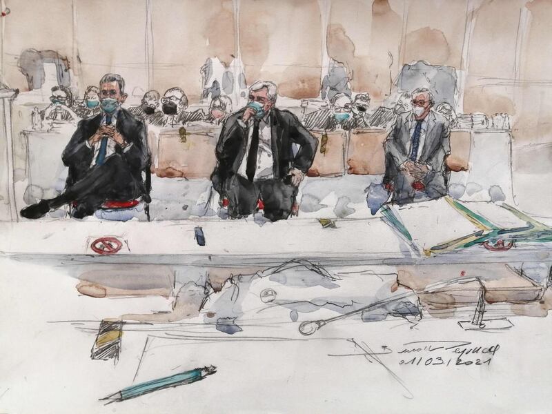A courtroom sketch shows former French president Nicolas Sarkozy and his two co-defendants, his lawyer Thierry Herzog and former senior magistrate Gilbert Azibert during the final hearing of a corruption trial. AFP
