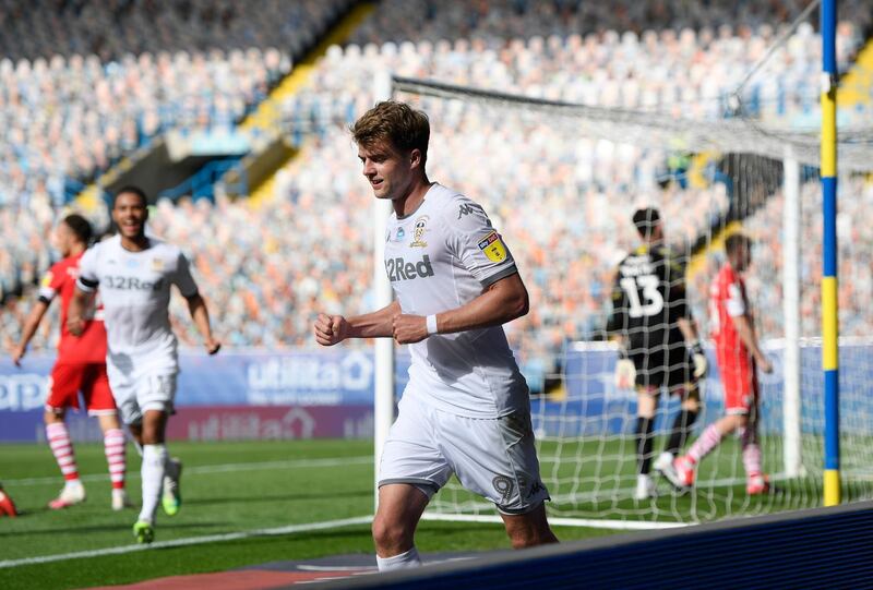Patrick Bamford of Leeds United celebrates his sides first goal, an own goal scored by Michael Sollbauer of Barnsley during the Championship match at Elland Road on Thursday. Getty
