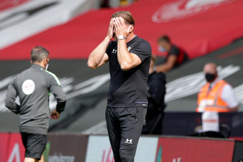 SOUTHAMPTON, ENGLAND - SEPTEMBER 20: Ralph Hasenhuttl of Southampton reacts after Heung-Min Son of Tottenham Hotspur scores a goal to make it 1-1 during the Premier League match between Southampton and Tottenham Hotspur at St Mary's Stadium on September 20, 2020 in Southampton, England. (Photo by Robin Jones/Getty Images)