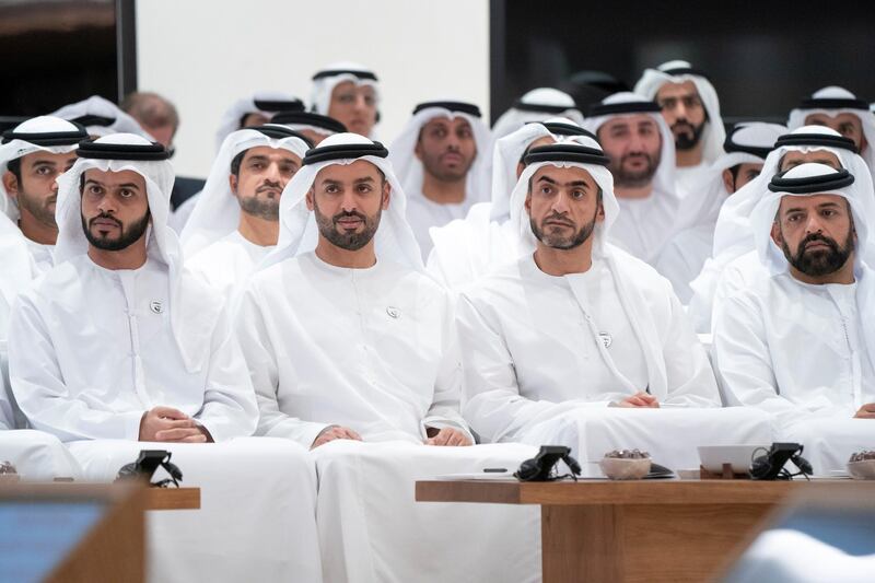 ABU DHABI, UNITED ARAB EMIRATES - May 27, 2019: (L-R) HH Sheikh Sultan bin Saeed bin Mohamed Al Nahyan, HH Sheikh Mohamed bin Hamad bin Tahnoon Al Nahyan, HH Sheikh Nahyan bin Saif bin Mohamed Al Nahyan and HH Sheikh Mohamed bin Saif bin Mohamed Al Nahyan, attend a lecture by Professor Nina Tandon, CEO and Co-founder of EpiBone (not shown), titled: 'Cellular Ateliers: Regenerative Medicine and the Body Shop of the Future ', at Majlis Mohamed bin Zayed.

( Rashed Al Mansoori / Ministry of Presidential Affairs )
---