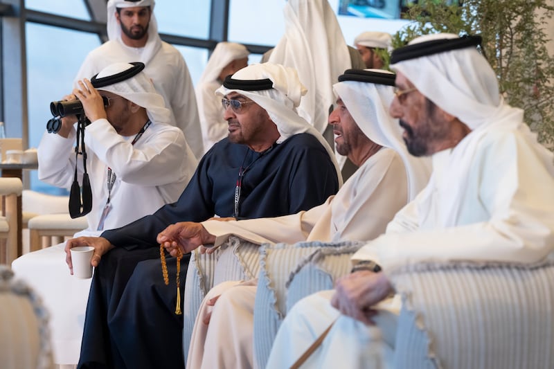 Sheikh Mohamed with Sheikh Hamdan bin Zayed, Ruler’s Representative in Al Dhafra Region, Sheikh Suroor bin Mohamed and Sheikh Tahnoon bin Mohamed, Ruler's Representative in Al Ain Region, watch the final race. Hamad Al Kaabi / Presidential Court